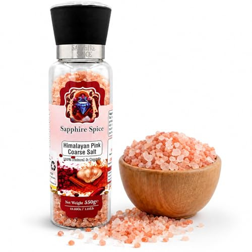 Himalayan Pink Salt (Coarse with Grinder) 550g | 84+ Essential Trace Minerals | 100% Natural Unrefined | Adjustable Ceramic Mill | Refillable | Vegan | Gluten Free | No Additives