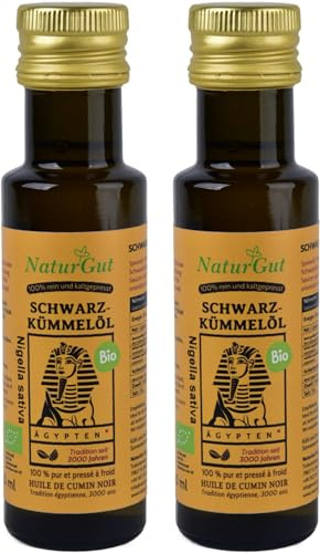 NaturGut Ägyptisches Bio Schwarzkümmelöl (100% Nigella Sativa) – Kaltgepresst in Deutschland, Orientalisch würzig, Premium Schwarzkümmel-Öl 2x100ml