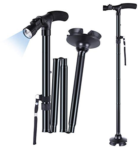 Gehstock mit LED-Licht, Ohuhu Gehstock für Damen & Herren, Faltbar Höhenverstellbar, Gehhilfe mit Tragetasche, Geschenke für Senioren & Erwachsene