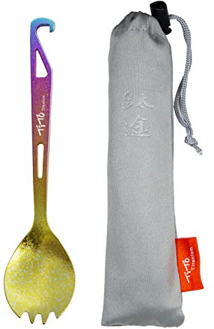 TiTo Titanium 3 in 1 Titan Besteck Löffel & Spork & Flaschenöffner,Ultraleicht Tragbar Wiederverwendbar Besteck Löffel Gabel mit Stofftasche für Outdoor Camping Wandern Picknicks Besteck(Bunt)