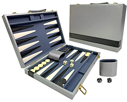 Sun Flair Backgammon Sets for Adults Kids 15 Inch, Folding Classic Board Game with Premium Leatherette Case, Smart Tactics, Best Strategy, Tip Guide Enclosed, Gray and Black 136M-5
