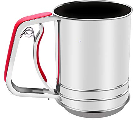 3-Cup Stainless Steel Flour Sifter,Squeeze Sifter for Baking with Compatable Silicone Handle (Red)