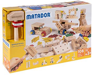 Matador Kinder Baukasten ab 3 Jahren 108-tlg. - Spannendes Holz Konstruktionsspielzeug zur Schulung von Kreativität und Feinmotorik, Bauspielzeug mit Stäbchen, Klötzen, Hammer & Zange