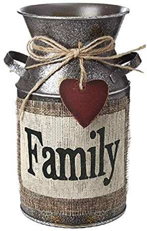 Shabby Chic Flower Vase with Greetings and Rope - Vintage Farmhouse Jug Vase Milk Can Holder for Home Decor (Family)