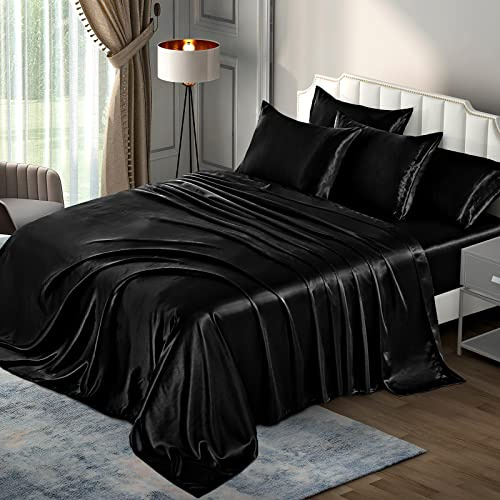 P Pothuiny Satin Sheets King (6 Pieces, Black) - Luxury Silky Satin Bed Sheets King Bedding Set, Extra Soft King Size Sheets Set, 1 Fitted Sheet + 1 Flat Sheet + 4 Pillow Cases