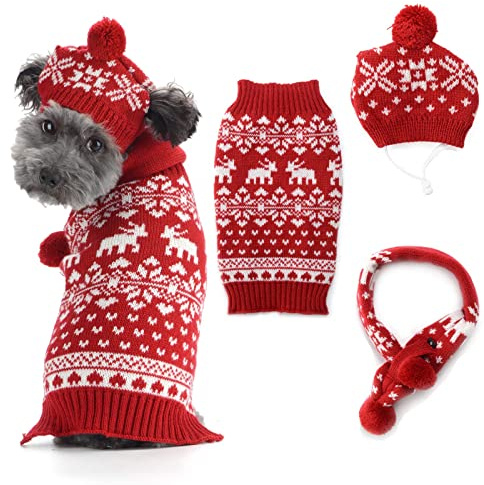 SKXEO Weihnachten Hundebekleidung Set Stricken Katzenkostüm Rentier Schneeflocke Hundemützen Hundeweste Hundeschal Weihnachten Hundepullover Winter Hundeshirts Rot und Weiß Haustier Zubehör'