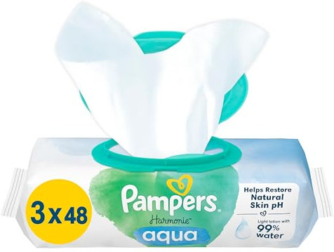 Pampers Baby Wet Wipes Harmony Aqua, 144 Wipes (3 x 48), Gentle Skin Protection for Delicate Skin with 99% Water