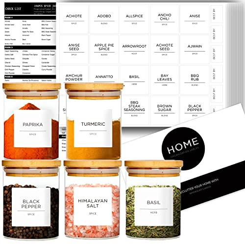 v2croft 184 Spice Jar Labels, Minimalistic Herb Seasoning Lable Stickers,Black Text on White Matte Vinyl,Pantry Spcie Rack Organization Lables for Containers,Glass Bamboo Jars,Bottles(Waterproof)