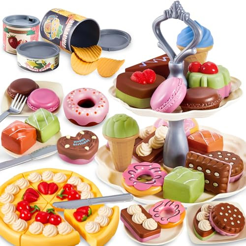LINFUN KIDS Kinderküche Dessert Set Kinder Spielzeug Küchenzubehör Lebensmittel Spielzeug mit Dessert Ständer Lernspielzeug Geschenk für Kinder ab 3 4 5 Jahren