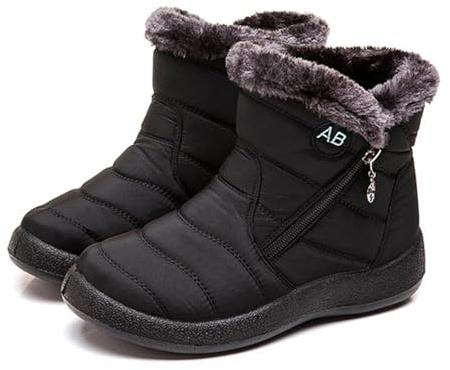 DECORN Womens Winter Snow Boots Fur Lined Warm Ankle Boots Side Zipper Lightweight Outdoor Flat Walking Shoes Non-Slip Girls Ladies Booties Black