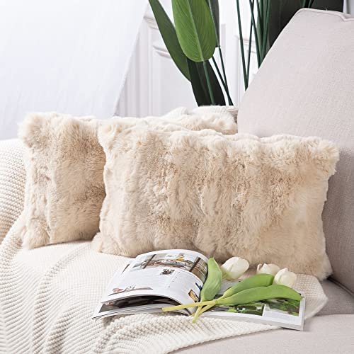 MADIZZ Juego de 2 Grueso fundas de almohada de lana corta peluda de felpa suave Grueso fundas de cojines estampados funda de almohada decorativa para sofá dormitorio Beige claro Rectangular 30 x 50 cm