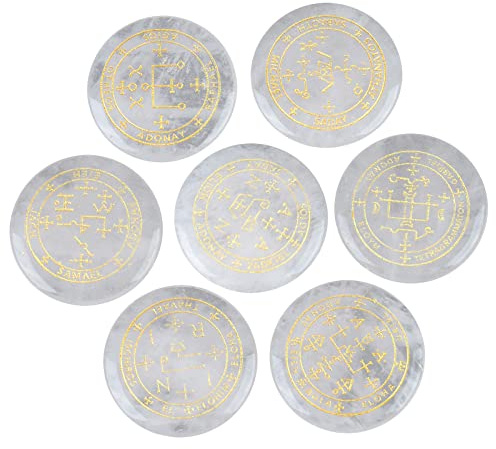 KYEYGWO 7 Stück Bergkristall Runde Heilung Kristall Set mit Gravierte Magischer Erzengel Symbole, Stein Chakra Plamstein Reiki Heilstein Taschensteine Stein Desktop Ornament für Divination, Meditation