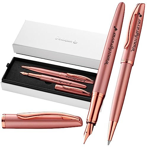 Pelikan Füller & Kugelschreiber Jazz® Noble Elegance im Set mit Wunschgravur | inkl. Geschenkeuti | Emoji Gravur | Pink Rose Schreibset mit Gravur PS204