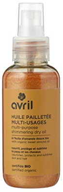 Avril - Huile Pailletée Multi-Usages Bio - Huile d'Amande Douce Bio - Peau & Cheveux - Nourrit et Protège - 97% d'Origine Naturelle - Certifié Bio Ecocert - Fabriqué en France - Spray 100ml