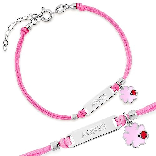 Maverton Kinder ID Armband 925 Silber mit Gravur + personalisierte Geschenkbox - Baby Armkette mit Anhänger - Namensarmband für Mädchen zur Geburt zur Taufe - Länge: 13-16 cm - Rosa