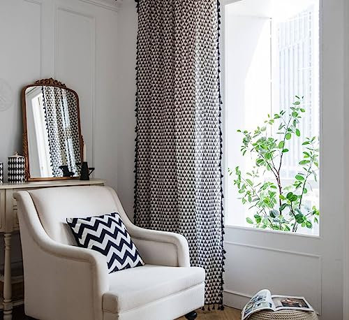 Mesnt Verdunkelungsvorhänge, Dreieckiger Gittervorhang mit Quaste für Küche, Wohnzimmer, halb verdunkelnd aus Baumwolle, Graue Ösenn, 150x260CM-2 STÜCK