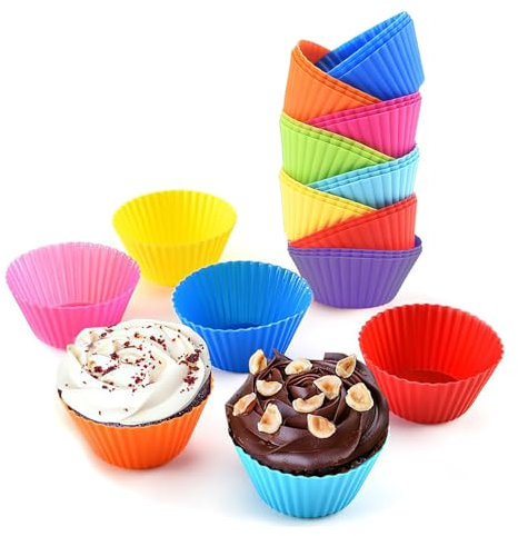 Silicone Cupcake Cases, 24 Pack No-Stick Baking Silicone Muffin Cases, Reusable Multicolor Cupcake Bun Cases Tin & Air Fryer Liners Bakeware for Pudding Pastry Tray, Baking Cups, Cake Balls (7cm)