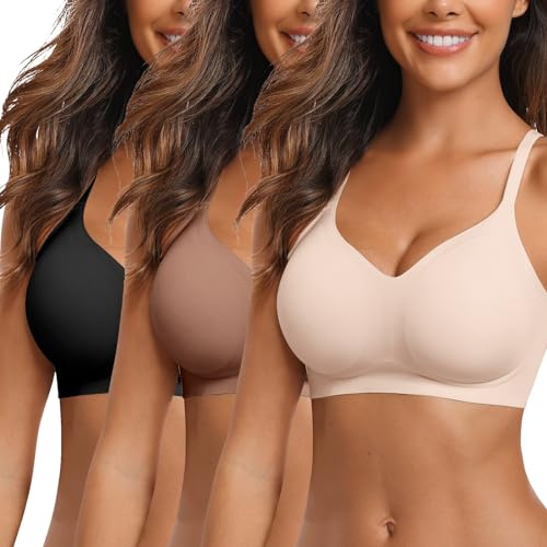 Vertvie Sömlös bh för kvinnor utan bygel, bekväm push up soft bh V-ringad mjuk bystier sömlös bh, ultra-bekväma vadderade bralette t-shirts, 3 st: svart/beige/kaffe, M