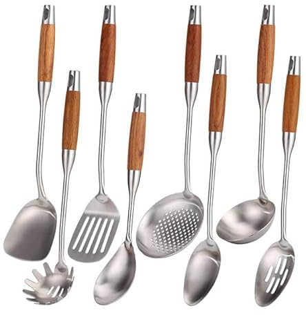 18/10 Stainless Steel Kitchen Utensils Set with Wood Handle - 15”Metal Cooking Tools & Serving Utensil, 8-Pieces Cooking Spoons Set - Spatula, Ladle, Skimmer, Turner, Pasta, Solid Spoon, Slotted Spoon
