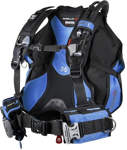 Mares Magellan HD BCD - Unisex Versatile Lightweight Foldable Backmounted Scuba Diving Jacket BCD, Black/Blue, Medium