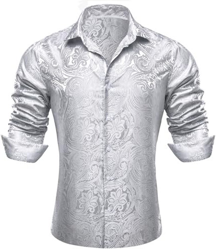 Barry.Wang Men Dress Shirts Paisley Silk Long Sleeve Button Big and Tall Down Shirt Fashion Leisure Wedding Party Prom White S-3XL