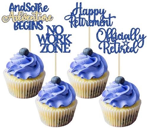 Gyufise 24Pcs Happy Retirement Cupcake Toppers Officially Retired Cake Toppers No Work Zone Adventure Begins Cupcake Picks for Retirement Theme Farewell Birthday Party Decorations Supplies Dark Blue