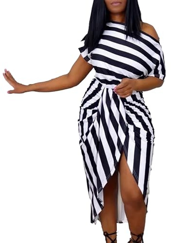 DGCUPODE Unregelmäßige Kleider mit schrägem Kragen für Damen Bodycon-Kleid mit gerafftem Frontschlitz Kurzärmeliges Party Strandkleid (Schwarz,M)