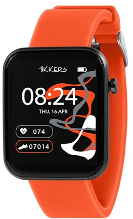Tikkers Kids Series 13 smartklocka med fitnessmätare, väckarklocka, kamera, GPS-anslutning, pulsmätare, stegräknare, pekskärm, orange silikonrem, Orange, En storlek, Modern