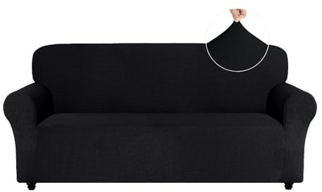 Easy-Going Stretch Sofa Überzug 4 Sitzer, Rutschfester Sofabezug für Hund Katze, Stilvoller Jacquard Couch Überzug Bezug, Weicher Küchensofa Couch Cover, 1 Stück Sofaschoner mit Armlehnen, Schwarz