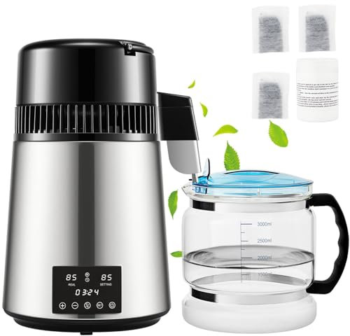 Water Distiller Machine, 1.1Gal Capacity, 0.3Gal/H, 750W, Dual Temp Display, 304 Stainless Steel, Glass Carafe, Cleaning Powder, 3 Carbon Packs, Silver