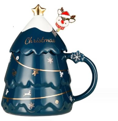 VollfitYYu Neuheite Weihnachtstasse 3D Weihnachtsbaum Kaffeebecher mit Deckel und Löffel 400ml Porzellan Weihnachtsbecher Geschenk für Halloween Weihnachten Neujahr Geburtstag (Blau)