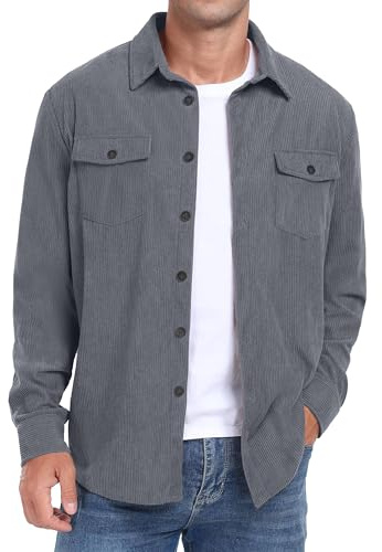 QIXING Casual skjortjacka för män, långärmad fritidsskjorta för män, jacka, normal passform, button down-skjorta med klaffficka, GRÅ, M