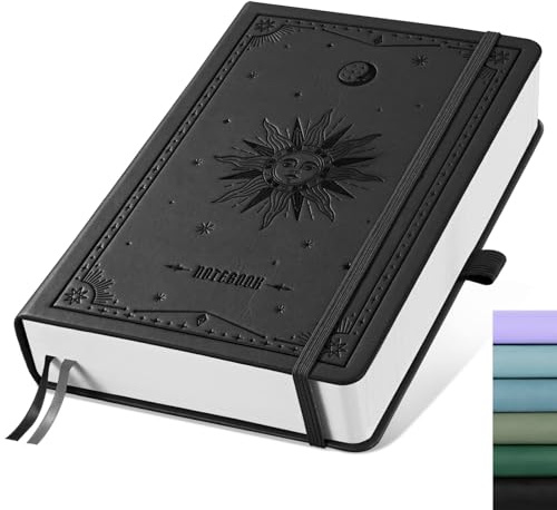 EMSHOI Notizbuch A5 Liniert Hardcover, 100g/m², 320 Seiten - Schwarz | Tagebuch für Erwachsene, nummerierte Seiten, Inhaltsverz, 180° flach, Innentasche, für Reisen, Arbeit, 14.5 x 21cm
