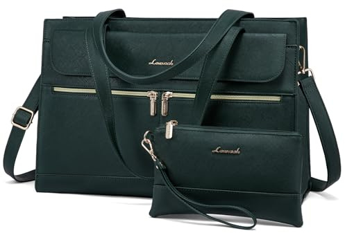 LOVEVOOK Laptop Tote Bags for Women 15.6 Inch Ladies Stylish PU Leather Handbags with Laptop Compartment Large Designer Office Shoulder Bag Womens for Work School Business Shopping, Green