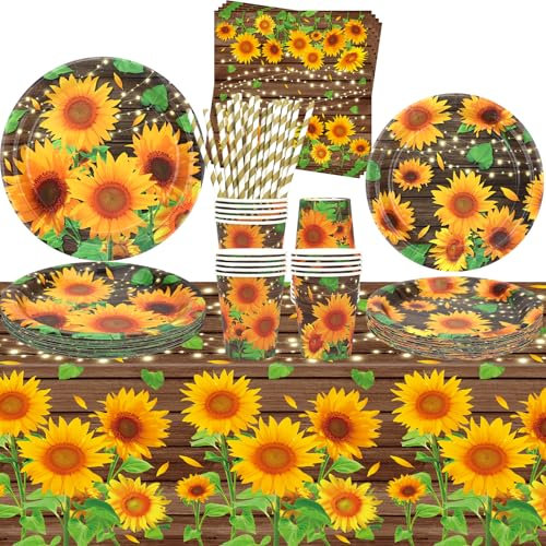 Forniture per feste con girasole, stoviglie per feste, piatti da cena, piatti da dessert, bicchieri, tovaglioli, cannucce per feste floreali, per 40 persone (40)