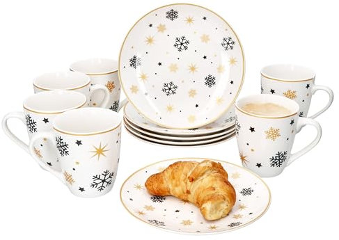 MamboCat Stars schwarz & gold 12tlg Frühstücksset I Je 6x kleine Frühstücksteller & Kaffeebecher 300ml für 6 Personen mit Sternen & Schneeflocken I Weihnachten