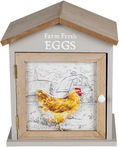 Rustic Egg Holder with Chicken Motif - Storage House for Kitchen Counter - Grey Wooden Finish with Farmhouse Design - Organiser Holds 12 Eggs