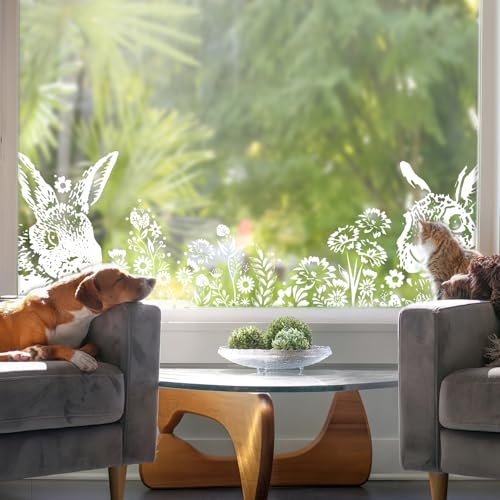 Alwayspon Dubbelsidiga återanvändbara klistermärken för påskfönster, vit kanin och blomma vattenfärg fönsterdekaler för barn hembutik dekor och vårdekoration