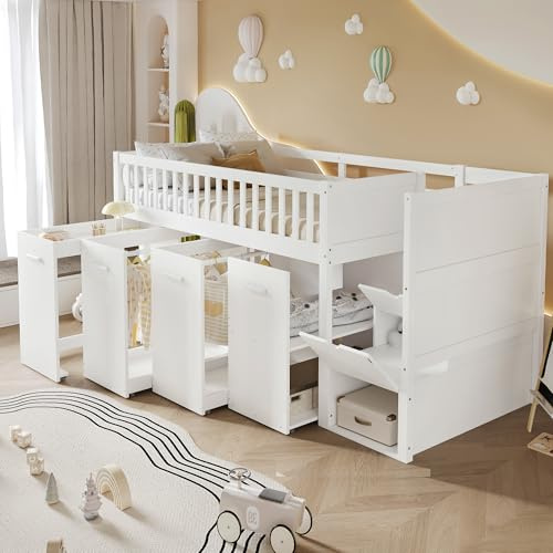 Idemon Litera multifunción, cama infantil con protección contra caídas y rejilla, con escritorio/armario/taquillas, con 2 taquillas en la escalera, madera de pino y MDF, color blanco, 90 x 200 cm