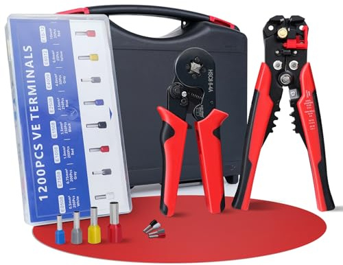 HYCHIKA Crimpadora Kit, Pelacables automático 3 en 1, Juego de alicates de corte con 1200 piezas 0,25-10mm²(AWG 24-8) Terminales, Crimpadora Punteras, Alicates de Crimpado