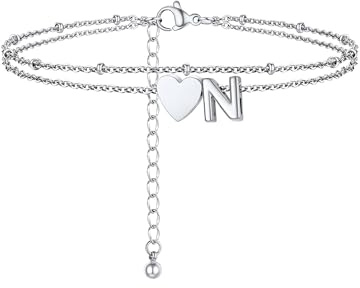 PROSTEEL Tobilleras Pulseras Mujer Plata Doble Capas con Corazón Inicial Letra A-Z Pulsera de Tobillo Acero Inoxidable Joyas de Mujer Chica para Verano Playa 22cm+5cm