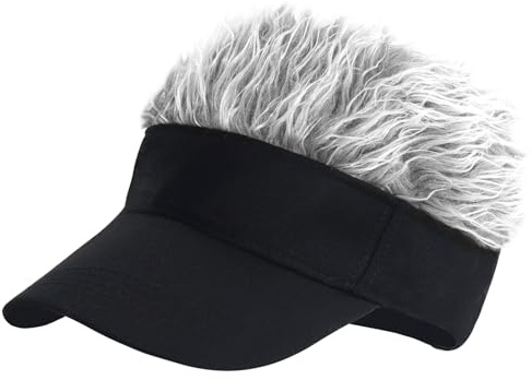 LXOrdora Mens Visor Hats with Spiked Wig Novelty Adjustable Baseball Golf Cap with Fake Hair Black Grey
