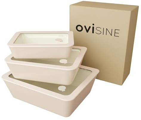 ovisine eckiges Vorratsdosen-Set Buoux in Beige | 3-teilig | mit Antihaftbeschichtung aus Keramik | Deckel aus Glas | Ofen- und Mikrowellengeeignet | Füllmenge: 0,7L - 1,4L - 2,7L