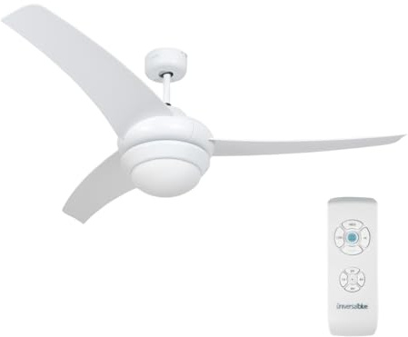 UNIVERSALBLUE Ventilador de Techo Blanco Luz Bombilla 132 cm, 3 Aspas, Control Remoto, 70W, Temporizador, 30m², 3 Velocidades, Diseño Minimalista