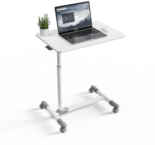 ETHU Betttisch auf Verriegelbaren Rollen Ergonomischer Mobiler Pflegetisch Höhenverstellbarer Laptoptisch für Kranken, Büro, Zuhause (Marmor-Optik)