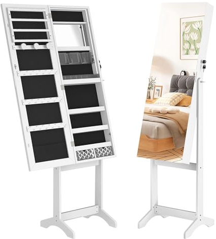 Froadp 2-in-1 Schmuckschrank mit Spiegel und LED, Stehender Spiegelschrank Abschließbar, Schmuckaufbewahrung mit Neigungsverstellung, Ganzkörperspiegel, Weiß, 152x39,5x36,5 cm für Schlafzimmer