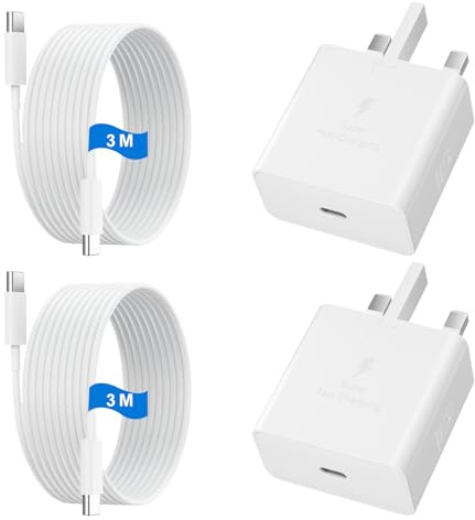 USB C Charger for Samsung Fast Charger USB C Plug & Cable 3M Long 25W Type C Super Fast Phone Charging Android Adaptor UK 2-Pack for Galaxy S25 Ultra/S24/S23/S22/S21/A56/A36/A17/A16/Note 20/10 White