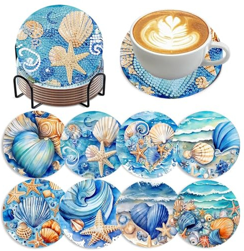 8 Stück Diamond Painting Untersetzer, DIY Diamant Ozean Malerei Glasuntersetzer mit Halter, Blaues Ozean, Meeresleben, Glas Untersetzer für Wohnkultur, Bars, Party, Einweihungsgeschenke (Blau)