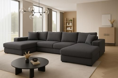A&J MöbelLand Ecksofa VIENA 328x182 cm mit Schlaffunktion, Bonellfederkern und Bettkasten in Dunkelgrau – modernes Schlafsofa mit Stauraum