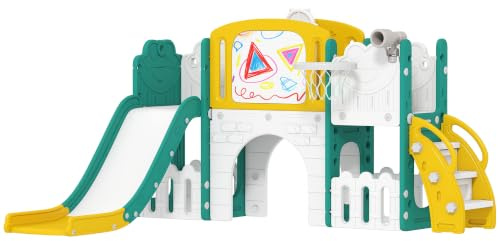 AIYAPLAY Kinderrutsche mit Klettergerüst 7 in 1 für Kleinkinder Gelb | Indoor Outdoor Babyrutsche mit Basketballkorb, Spielteleskope, Stauraum, Reißbrett, Frosch-Motiv Spielplatz, 1-3 Jahre